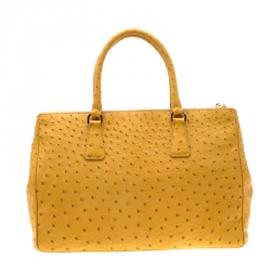 Pre Owned Prada Mustard Ostrich Medium Double Zip Tote