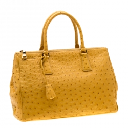Pre Owned Prada Mustard Ostrich Medium Double Zip Tote