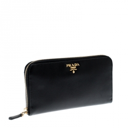 Pre Owned Prada Black Saffiano Metal Leather Zip Around Wallet