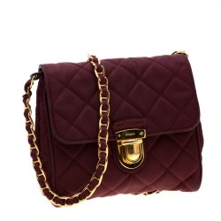 Pre Owned Prada Burgundy Quilted Nylon Pushlock Crossbody Bag