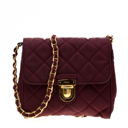 Pre Owned Prada Burgundy Quilted Nylon Pushlock Crossbody Bag