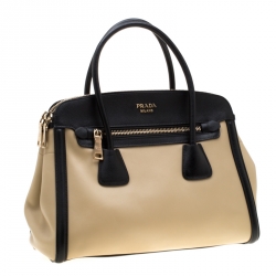 Pre Owned Prada Beige/Black Leather Double Zip Convertible Tote