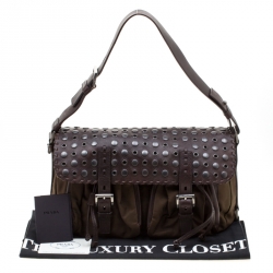 Pre Owned Prada Brown Nylon and Leather Studded Shoulder Bag
