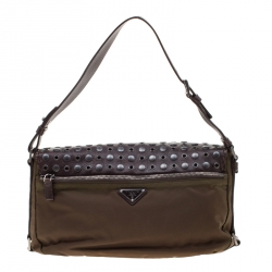 Pre Owned Prada Brown Nylon and Leather Studded Shoulder Bag