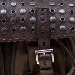 Pre Owned Prada Brown Nylon and Leather Studded Shoulder Bag