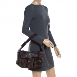 Pre Owned Prada Brown Nylon and Leather Studded Shoulder Bag