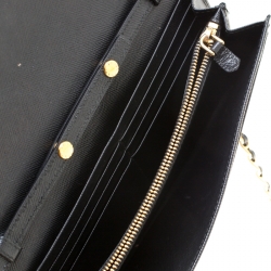 Pre Owned Prada Black Saffiano Lux Leather Metal Oro Chain Wallet