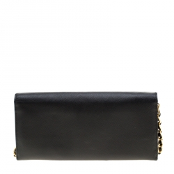 Pre Owned Prada Black Saffiano Lux Leather Metal Oro Chain Wallet