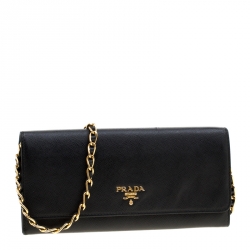Pre Owned Prada Black Saffiano Lux Leather Metal Oro Chain Wallet