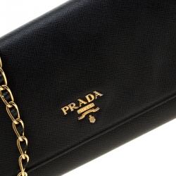 Pre Owned Prada Black Saffiano Lux Leather Metal Oro Chain Wallet