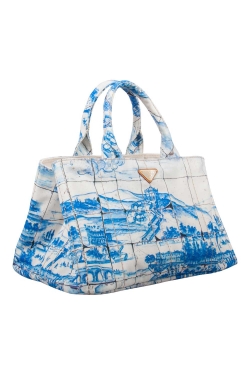 Pre Owned Prada Off White/Blue Printed Canvas Large Canapa Tote