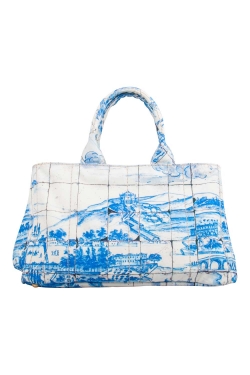 Pre Owned Prada Off White/Blue Printed Canvas Large Canapa Tote