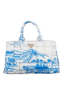 Pre Owned Prada Off White/Blue Printed Canvas Large Canapa Tote