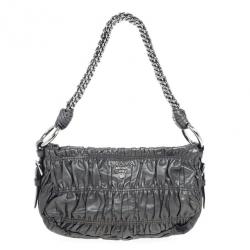 Pre Owned Prada Grey Nappa Leather Gaufre Gathered Shoulder Bag