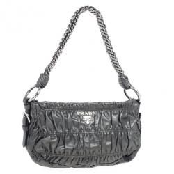 Pre Owned Prada Grey Nappa Leather Gaufre Gathered Shoulder Bag