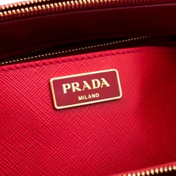 Pre Owned Prada Red Saffiano Lux Leather  Medium Double Zip Tote