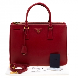 Pre Owned Prada Red Saffiano Lux Leather  Medium Double Zip Tote