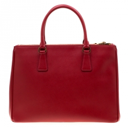 Pre Owned Prada Red Saffiano Lux Leather  Medium Double Zip Tote