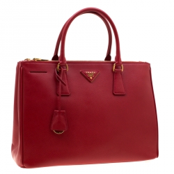 Pre Owned Prada Red Saffiano Lux Leather  Medium Double Zip Tote
