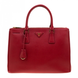 Pre Owned Prada Red Saffiano Lux Leather  Medium Double Zip Tote
