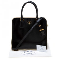 Pre Owned Prada Black/Cream Patent Leather Pyramid Frame Top Handle Bag