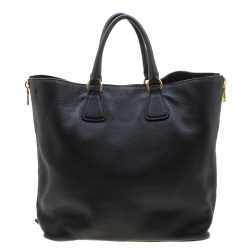 Pre Owned Prada Black Vitello Daino Leather Side Zip Shopping Tote
