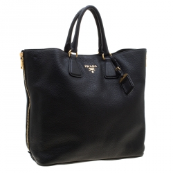 Pre Owned Prada Black Vitello Daino Leather Side Zip Shopping Tote