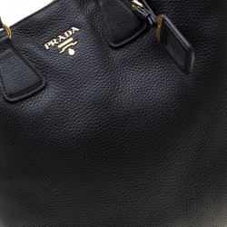 Pre Owned Prada Black Vitello Daino Leather Side Zip Shopping Tote