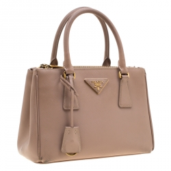 Pre Owned Prada Beige Saffiano Lux Leather Mini Double Zip Tote