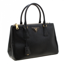 Pre Owned Prada Black Saffiano Lux Leather Small Double Zip Tote