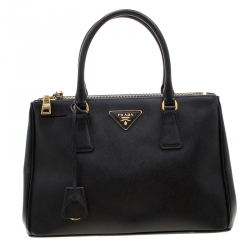 Pre Owned Prada Black Saffiano Lux Leather Small Double Zip Tote