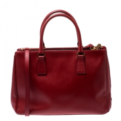 Pre Owned Prada Red Saffiano Lux Leather Medium Double Zip Tote