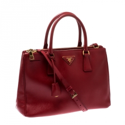 Pre Owned Prada Red Saffiano Lux Leather Medium Double Zip Tote