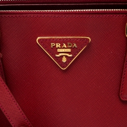 Pre Owned Prada Red Saffiano Lux Leather Medium Double Zip Tote