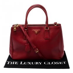 Pre Owned Prada Red Saffiano Lux Leather Medium Double Zip Tote