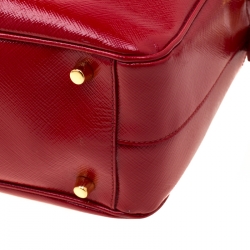 Pre Owned Prada Red/White Saffiano Patent Leather Bauletto Flower Top Handle Bag
