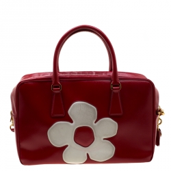 Pre Owned Prada Red/White Saffiano Patent Leather Bauletto Flower Top Handle Bag