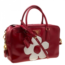 Pre Owned Prada Red/White Saffiano Patent Leather Bauletto Flower Top Handle Bag