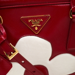 Pre Owned Prada Red/White Saffiano Patent Leather Bauletto Flower Top Handle Bag