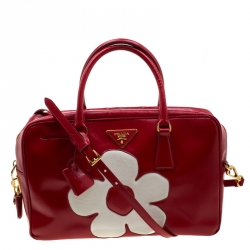 Pre Owned Prada Red/White Saffiano Patent Leather Bauletto Flower Top Handle Bag