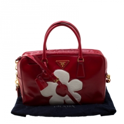 Pre Owned Prada Red/White Saffiano Patent Leather Bauletto Flower Top Handle Bag