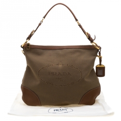 Pre Owned Prada Brown Canvas and leather  Jacquard Logo Hobo