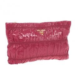 Pre Owned Prada Fuchsia Patent Leather Gauffre Shirred Clutch Bag