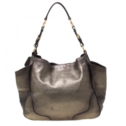 Pre Owned Prada Olive Green Metallic Vitello Daino Leather Hobo