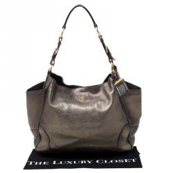 Pre Owned Prada Olive Green Metallic Vitello Daino Leather Hobo