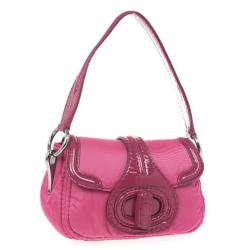 Pre Owned Prada Pink Nylon Gabardine Turnlock Flap Shoulder Bag