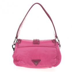 Pre Owned Prada Pink Nylon Gabardine Turnlock Flap Shoulder Bag