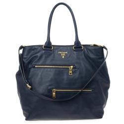 Pre Owned Prada Navy Calf Skin Zipper Tote