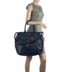 Pre Owned Prada Navy Calf Skin Zipper Tote