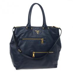 Pre Owned Prada Navy Calf Skin Zipper Tote